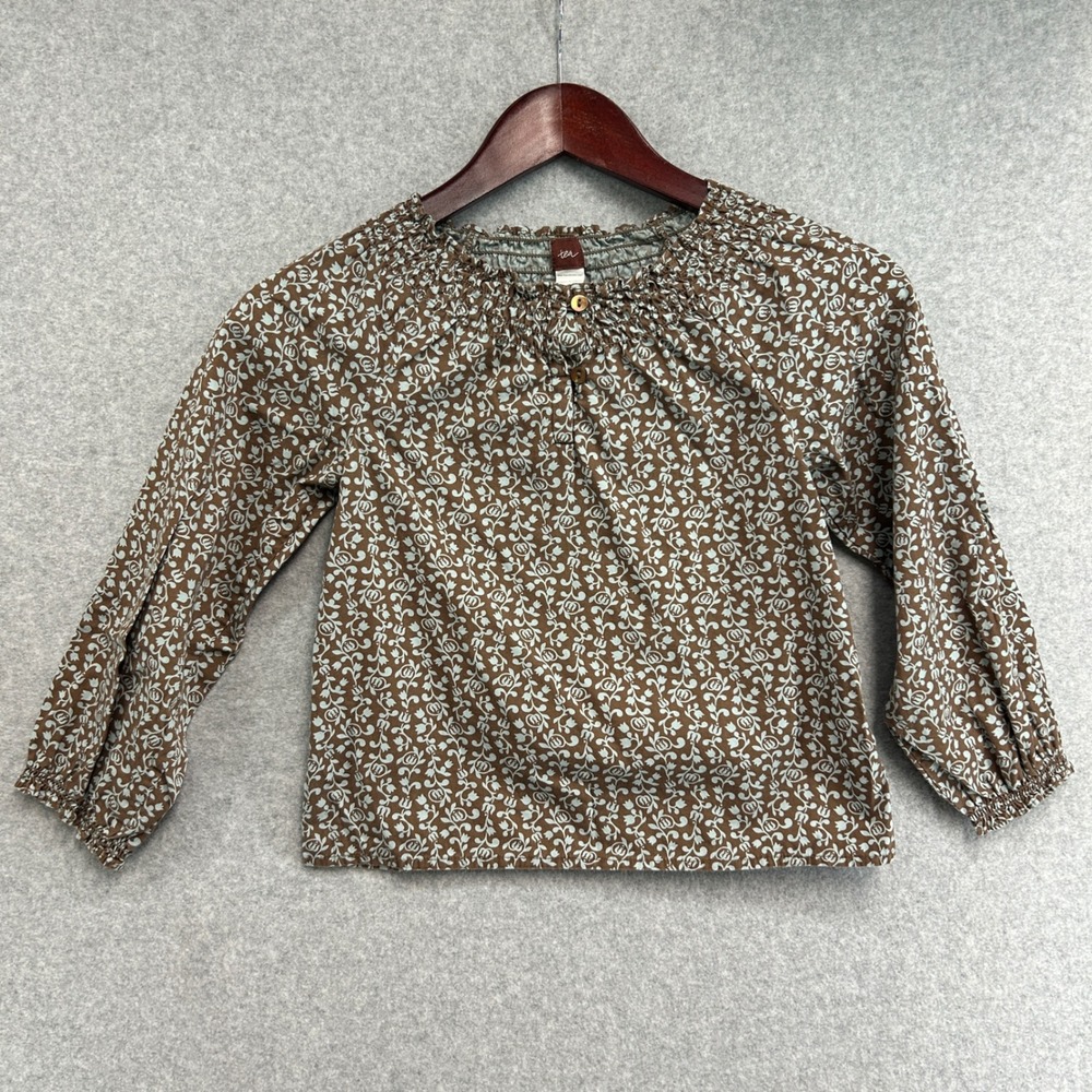 Tea Collection Blouse Brown Blue Floral Smocked Long Sleeve Top Girls Size 6